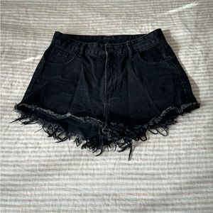 Distressed Black Denim Shorts with Flame Pocket
